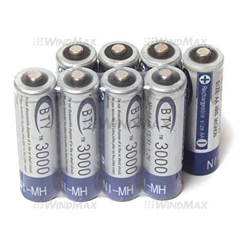WindMax US Seller 8 PCS BTY 3000mAh 1.2V AA Size Ni-MH Rechargeable Battery