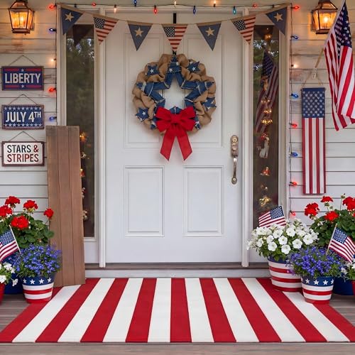 Duraaamo Red and White Striped Rug 2 x 3 Summer Area Rug Machine Washable Front Porch Door Mat Welcome Layered Doormat for Christmas Outdoor Farmhouse Entryway Bedroom Decor