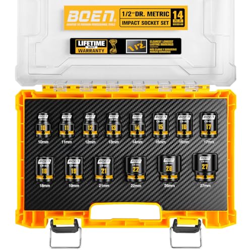 BOEN Pro 1/2' Drive Shallow Impact Socket Set, 14-Piece 6-Point Metric (10-19mm, 21, 22, 26, 27mm) Standard Socket Kit with Deep Embossed and Painted Marking, CR-MO, Includes Rugged PP Case