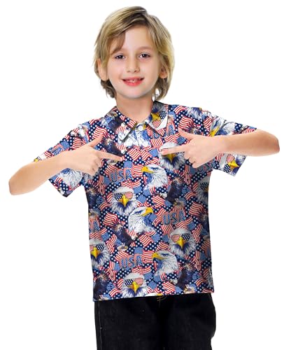 Image of AOBUTE Kids 4th of July Polo American Flag Short Sleeve Button Down Shirts Tops 3-14 Years
