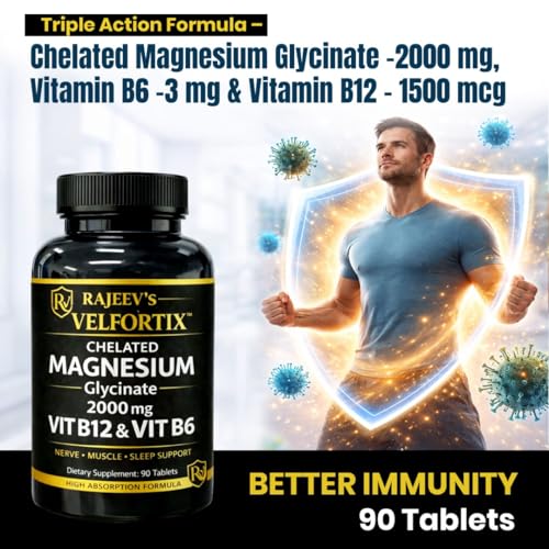 Image of Rajeev's Velfortix Chelated Magnesium Glycinate 2000 mg with Vitamin B12 & B6 | High Absorption Formula | Nerve, Muscle & Sleep Support | 90 Tablets