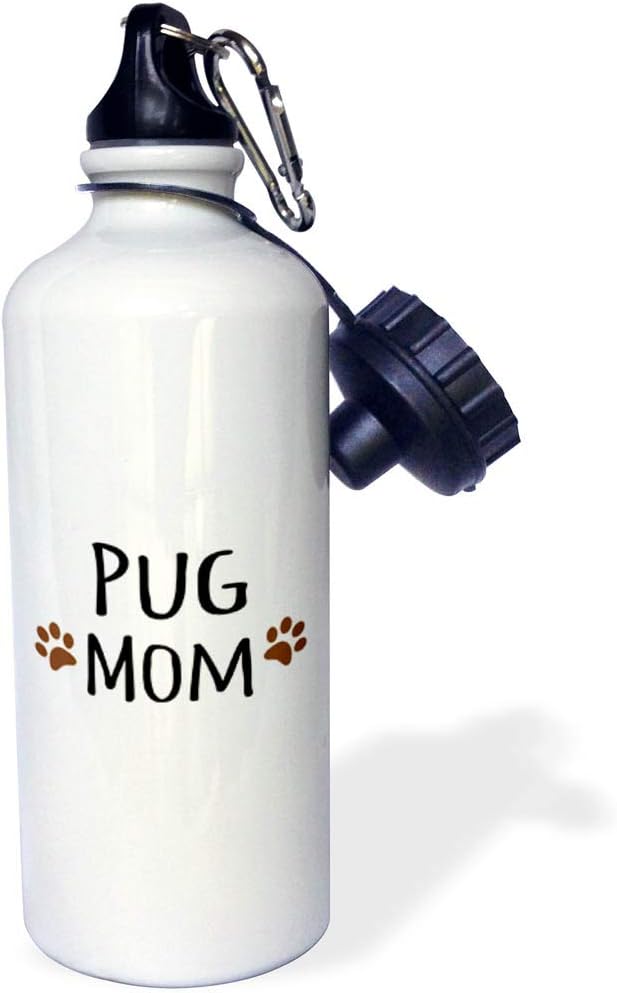 3dRose Pug Dog Mom-Doggie By Breed-Muddy Brown Paw Prints-Doggy Lover-Proud Pet Owner Mama Love Sports Water Bottle, 21 oz, White