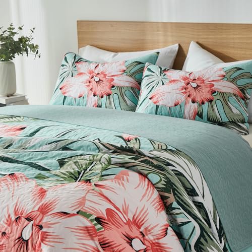 Yogeneg King Quilt Bedding Set,Green Pink Botanical Pattern Sky Blue King/Cal King Quilt Set,3 Piece Lightweight Soft Summer Bedspread Coverlet with 2 PIillow Shams,All Season(Sky Blue,110"x96") - Image 3