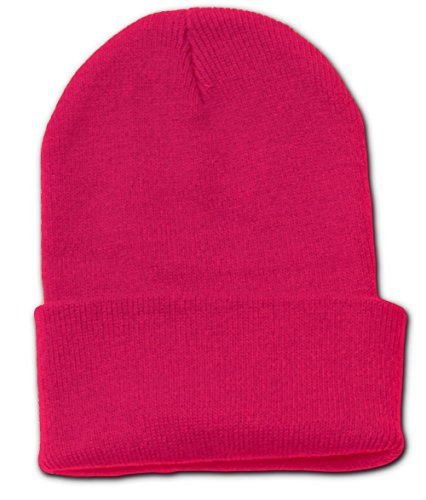 Blank Long Cuff Beanie Cap, Hot Pink