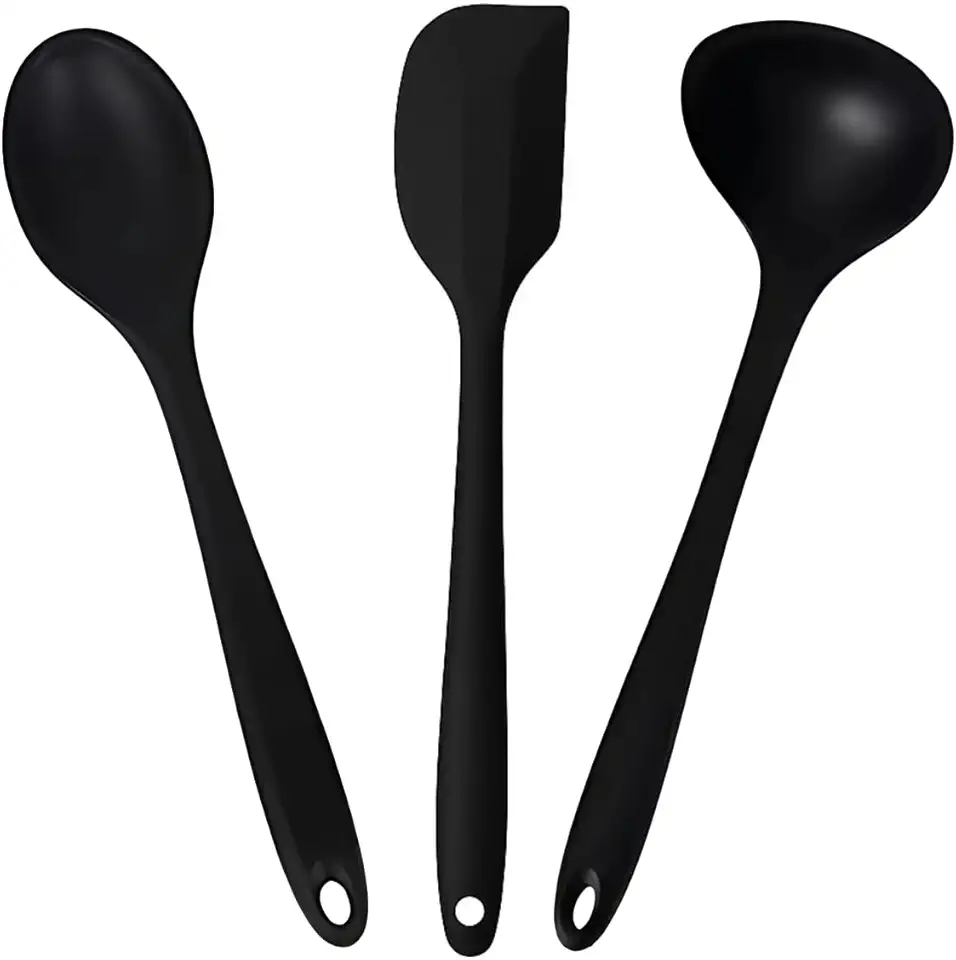 Kit Utensílios Cozinha Espátula Colher Concha Silicone Premium Conjunto 3 Itens Antirriscos Antiaderente Livre de BPA Maleável Durável Resistente Multiuso Fácil Limpeza Ideal para Cozinhar Preto 27cm