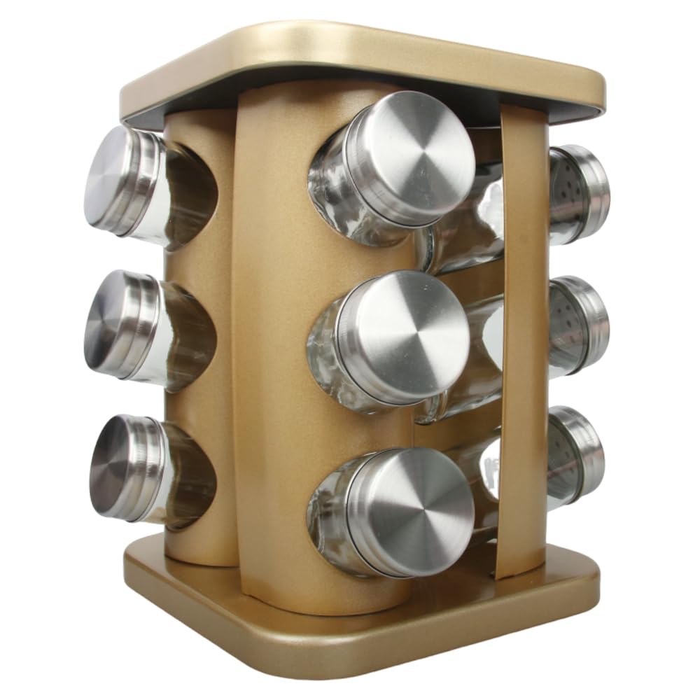 Étagère à épices rotative avec 12 pots, étagère à épices de comptoir avec 12 bouteilles en verre rechargeable pour armoire de cuisine, acier inoxydable, argenté