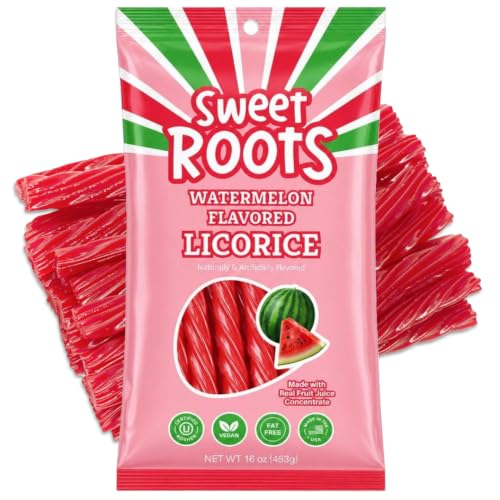 Sweet Roots Watermelon Licorice Twists – 1 Bag (16 oz) – Jumbo Size Licorice Sticks | Made with Real Fruit Juice Concentrate | Vegan, Fat Free, Kosher | Soft Gourmet Licorice Candy