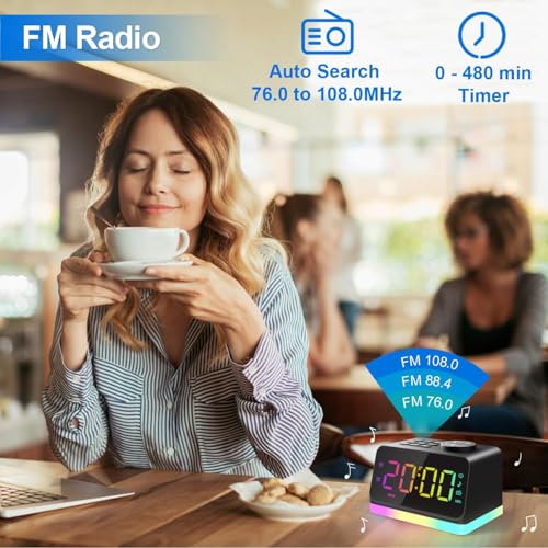 JALL Digital Alarm Clock with FM Radio for Bedroom, 8 Colors Night Light with Charging Port, Sleep Sound Machines with Timer, Dual Alarm (Black with RGB Font) by JALL - Used condition - Image 6