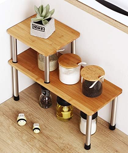 Corner Shelf 2 Tier Storage Shelves-Bamboo Adjustable Spice Rack  Riser,Standing Counter top Cabinet Display Shelf-Creative Space Saving  Organizer