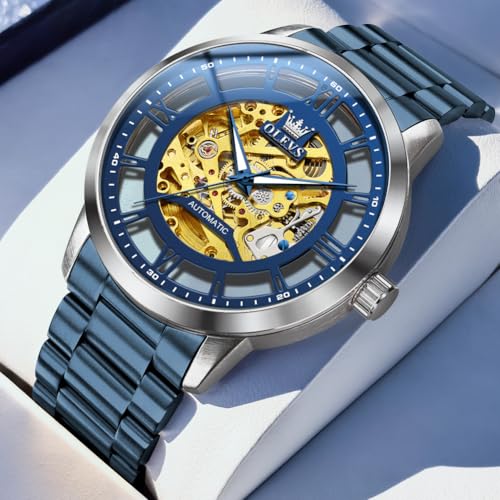 Image of OLEVS Mens Automatic Watch Skeleton Diamond Luxury Mechanical Self Winding Dress Wrist Watch Waterproof Luminous