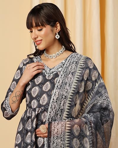 Tadkee Women's Cotton Blend Floral Regular Kurta Set (Fn-Kurta-Set-Dupatta-133-Grey-M_Grey_M)