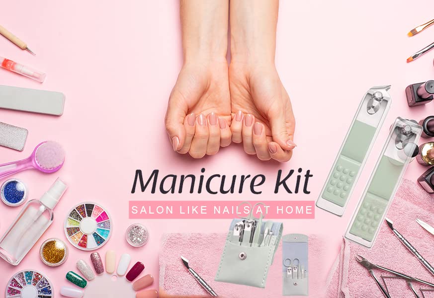 Miniatura 7 de Juego de manicura  7 piezas profesionales de viaje cortaúñas con bolsa de cuero verde, herramientas de cuidado de uñas de acero inoxidable kit de