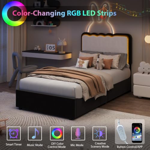 Image of Garvee Irregular Wave LED 2-Drawer Soft Upholstered Bed, Soft Padding