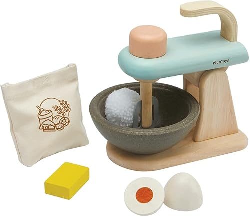 PlanToys Juego de batidora de pie de comida para hornear (3624)  Hecho de forma sostenible de madera de caucho y pinturas y tintes no tóxicos