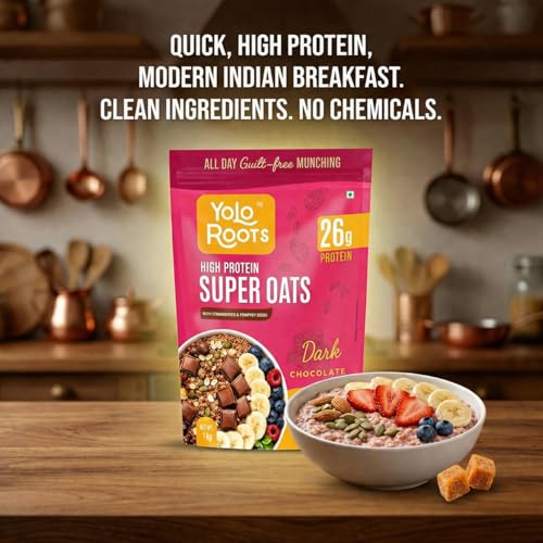 Image of Yolo Roots 26g High Protein Strawberry Super Oats 1 Kg | Plant-Based Protein with Organic Jaggery | No Refined Sugar | High Fibre Breakfast Oats with Seeds & Raisins (Strawberry)