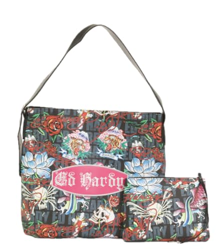 ED HARDY Women’s Tattoo Graphic Shoulder Tote Bag with Matching Pouch – Black Multi