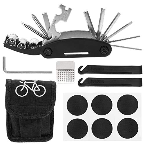 Litthing Reparación Herramientas Bicicleta 16 en 1 Kit Reparación de Pinchazos Bicicleta con Kit de Parche y Palancas para neumáticos Herramienta Bici Multifunción Portátil