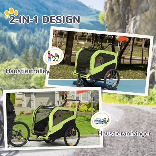 PawHut 2-in-1 Hundeanhänger, Fahrradanhänger für Hunde, Hundewagen mit Reflektoren, Hundebuggy max. 30 kg, Hundefahrradanhänger für Große Hunde, Oxford-Gewebe, Grün