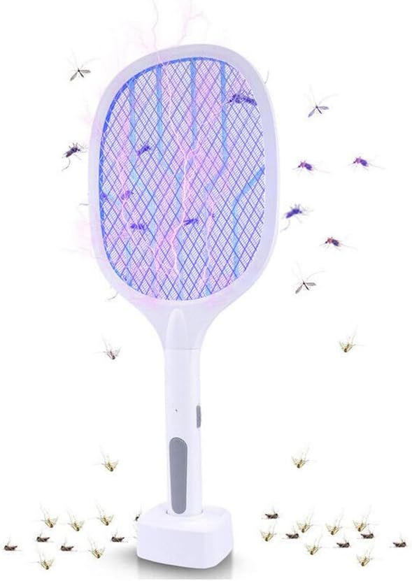 YU WELL Electric Fly Swatter, 3000V USB Rechargeable Fly Killer Bug Zapper Racket with Charging Base, Home and Outdoor Mosquito Killer with LED Light for Mosquitoes, Flies, Bees, Moths (Model-1)