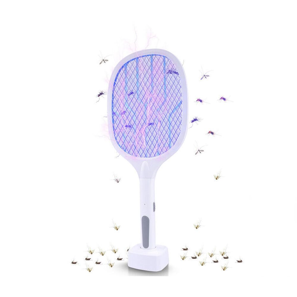 YU WELL Electric Fly Swatter, 3000V USB Rechargeable Fly Killer Bug Zapper Racket with Charging Base, Home and Outdoor Mosquito Killer with LED Light for Mosquitoes, Flies, Bees, Moths (Model-1)