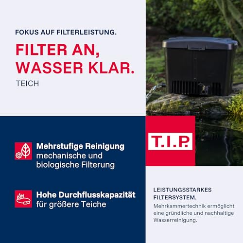 T.I.P. Teichfilter - Teichaußenfilter-Set (10.000 l Teichvolumen, Wet-and-Dry Technologie, UV-C 11 W, Filterbehälter 35 l, inkl. Pumpe, UV-C Strahler, Schläuche, Filtermaterial) WDF 10000 UV 11, 30495