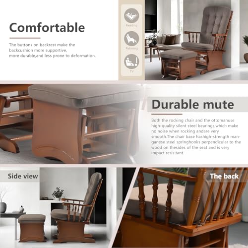 Image of Anti-Pinch Glider Chair with Ottoman, Nursery Rocking Chair for Baby & Mom, Solid Wood Glider Rocker with High Back Cushion, Nursing Chair for Living Room, Bedroom & Nursery, Antique Espresso