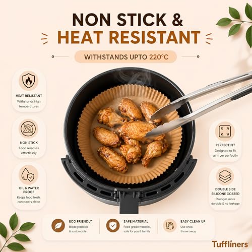Image of Round Air Fryer Paper Liners 6.3 Inch, 100 Sheets, Silicone Coated, 100% Virgin Wood Pulp, Oil & Water Proof, Shape Retaining, Non-Stick Disposable Parchment Paper for 2.5-4.7L Air Fryers