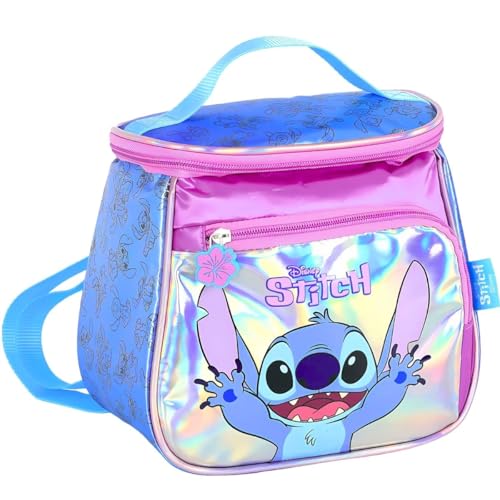 Lancheira Térmica Metalizada Stitch Disney, Lilás com Estampa Holográfica, 21x23x14,5 cm, Alças Ajustáveis, Material Resistente Poliéster e PVC