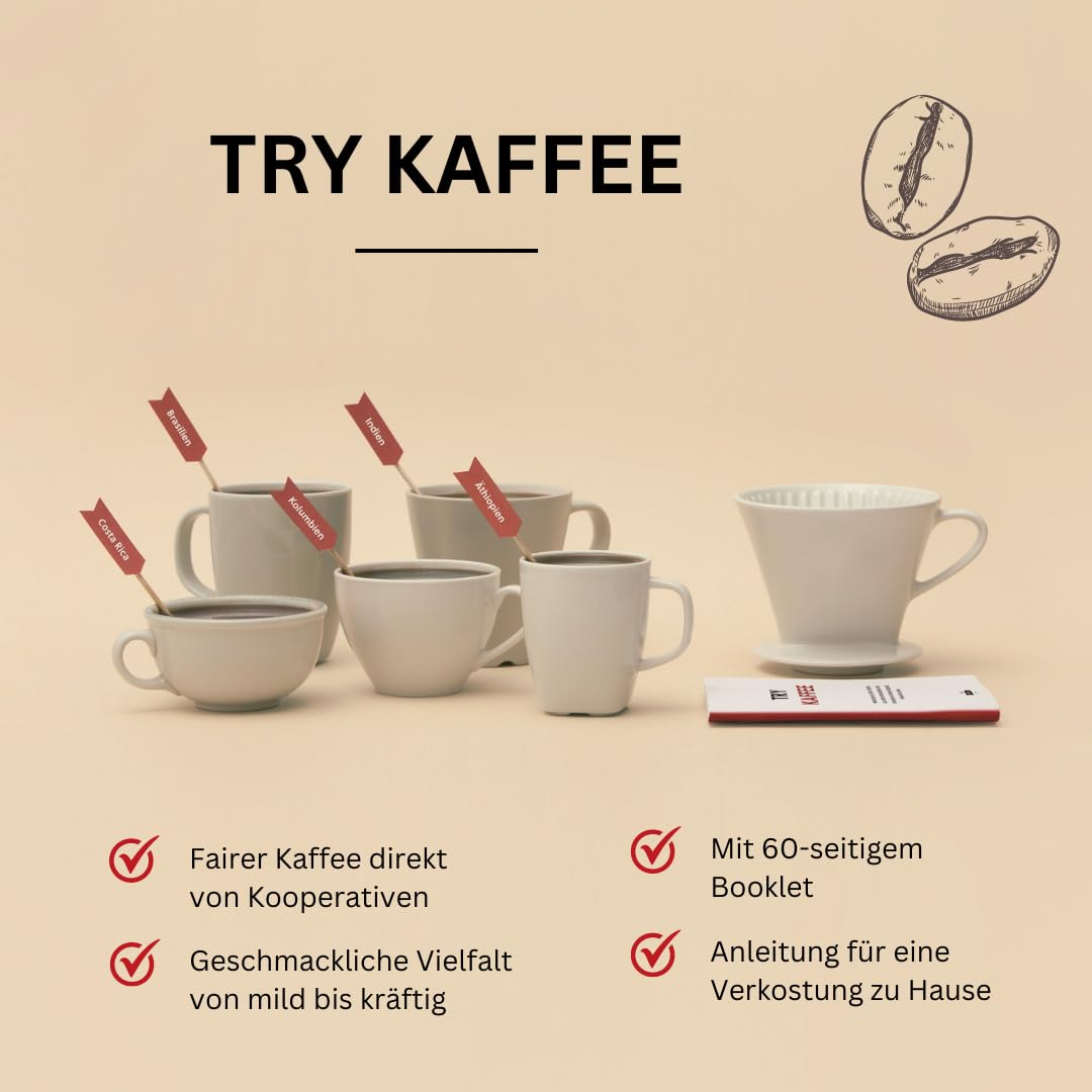 TRY Kaffee Geschenkbox, ganze Bohnen - 5x 50g Gourmet-Kaffees aus aller Welt & 1 Broschüre - die Geschenkidee für Kaffee-Liebhaber