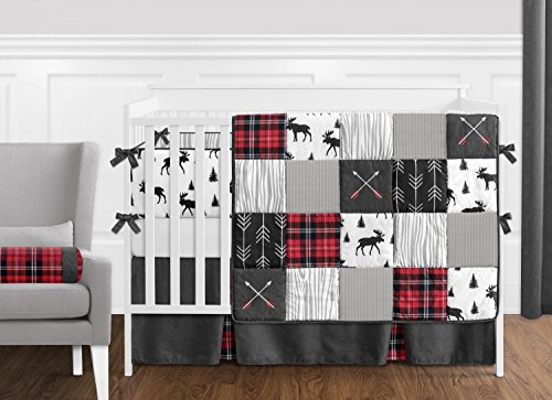 image for Grey, Black and Red Woodland Plaid and Moose Musical Baby Crib Mobile 