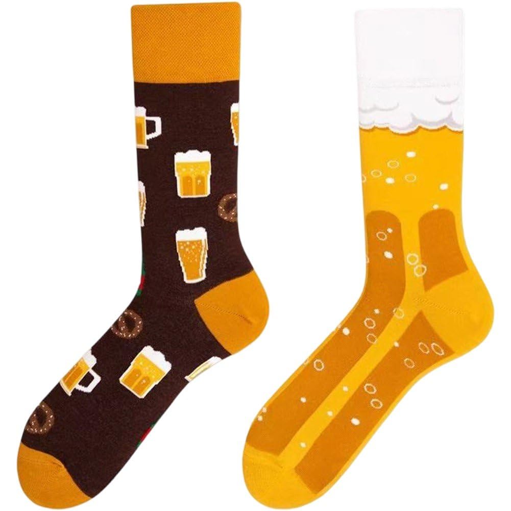 Fituenly Funny Asymmetrical Beer Socks, Colorful Cartoon Pattern Jacquard Crew Socks, Harajuku Hip Hop Skateboard Long Stocking Gift