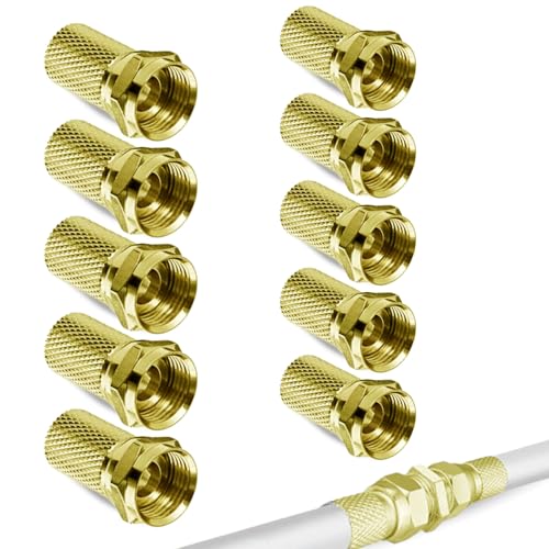 Pack de 10 Conectores Coaxiales Tipo F Macho para cable de antena de TV, Conectores F Macho con sistema de montaje mediante roscado, Conector Antena Tipo F, 7 mm diámetro, Dorado, 10 unidades