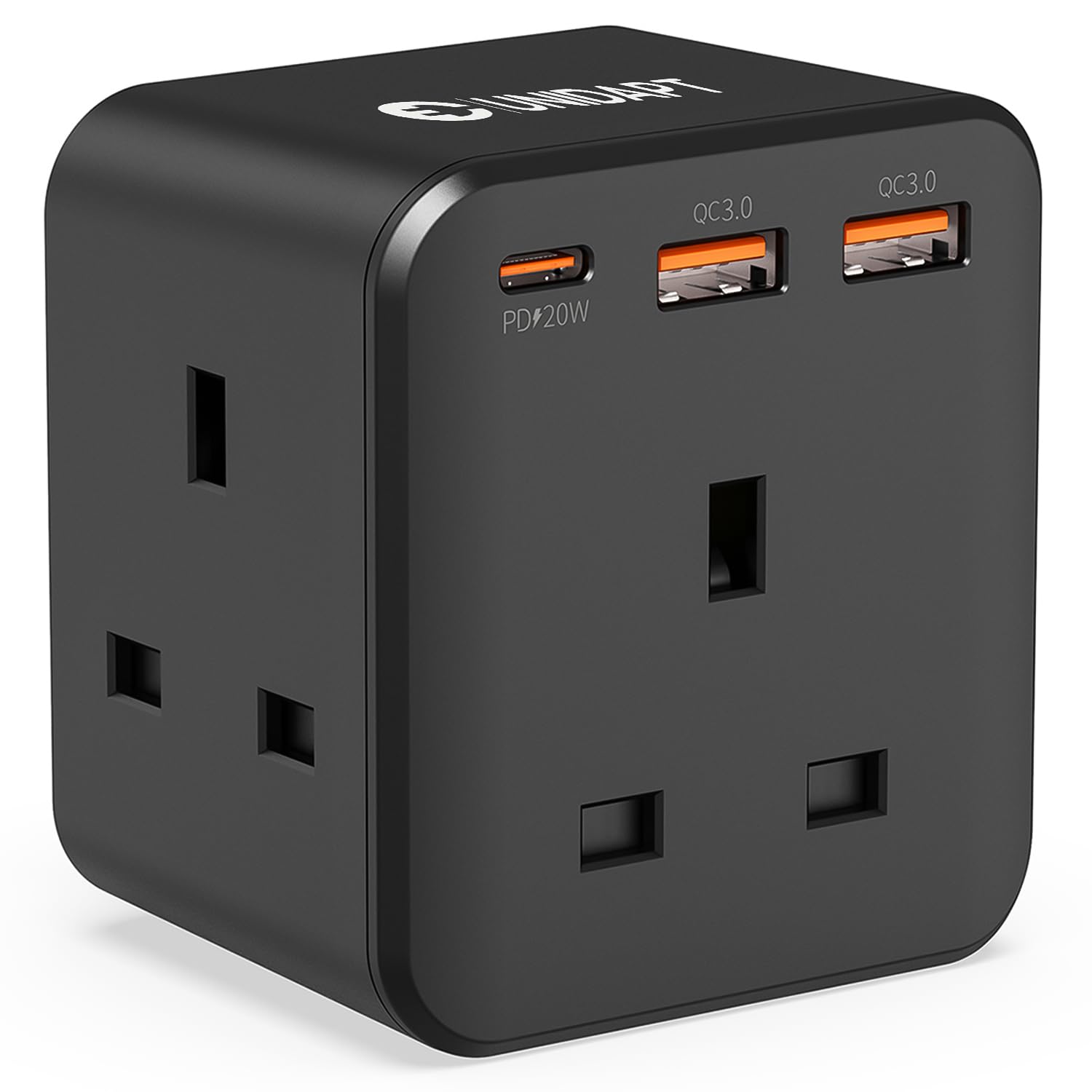 Unidapt Plug Extension Socket with 3 Fast USB Charge Ports, 3 Way Multi Plug Adapter with PD 20W USB-C (Black) — image 1