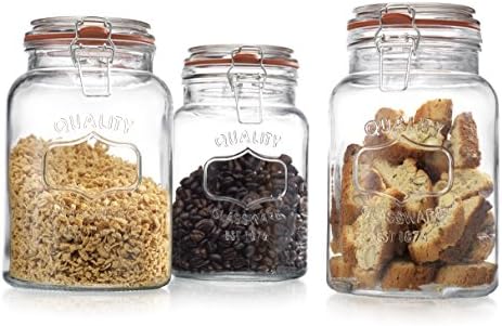 Glass Canister Quality Set of 3 Clear Round Jars with Hermetic Seal Bail & Trigger Airtight Lock Lids for Kitchen & Pantry- Food Storage Organization Containers For Flour, Sugar, Coffee Bean
