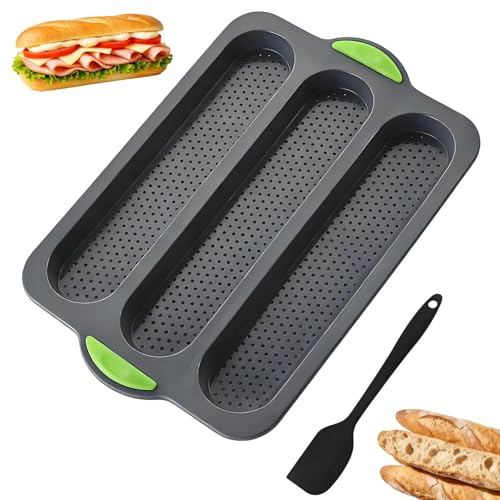 SHILIUZHI French Baguette Baking Tray 3 Cavity French Bread Mould with 1 Silicone Spatula Silicone Baguette Pan Bread Baking for Oven Freezer and Dishwasher