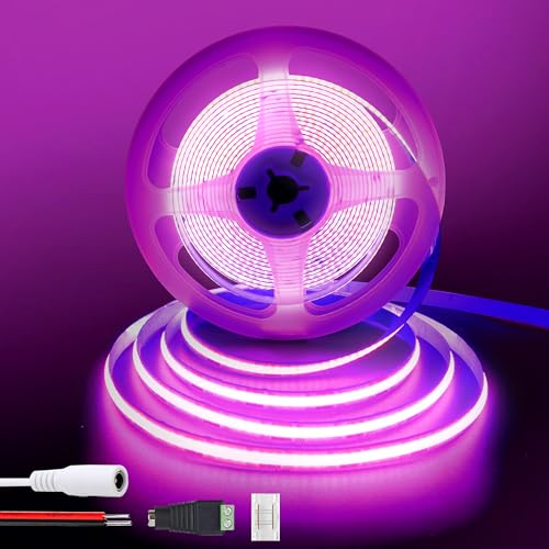 Clearhill Bande LED COB 12V 6,56pieds/2m (Sans alimentation),Violet,320LEDs/m,avec connecteur femelle DC 5521 et fils rouge/noir,largeur 8mm,IP20,pour...
