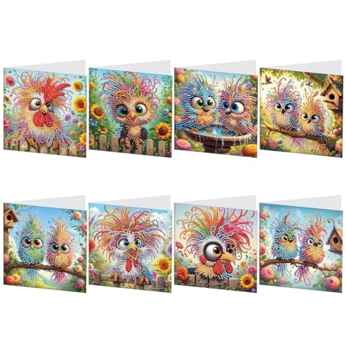 LazyFold 8Pcs DIY Diamond Art Painting Greeting Cards with Envelopes Crazy Birds All Occasion Note Card Kit for Women Handmade Thank You Birthday Friendship Cards Gift