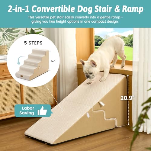 Image of COZY KISS Dog Stairs for Small Dogs, 5-Step 2-in-1 Dog Steps,22.4 inch H | 5-step dog stairs and ramps for Old Cats, Puppy, Small Dogs,Non-Slip Base,for Couch & Bed, Beige