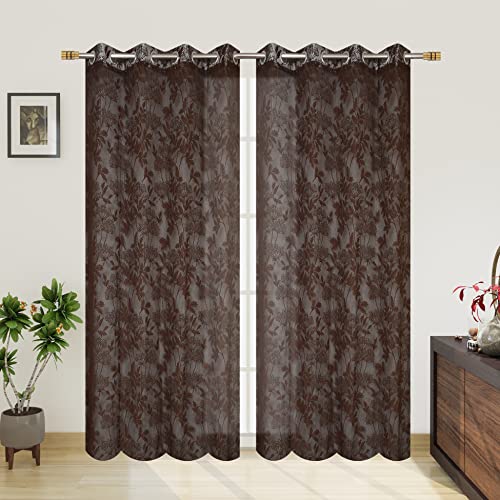 Image of Galaxy Home Decor Transparent Lily Net Curtain Sheer Curtains for Window 5 Feet, Pack of 3, Brown