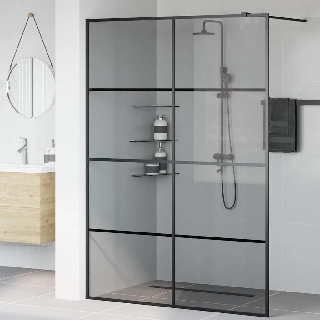 Ścianka prysznicowa Walk-in czarna ze szkła hartowanego 140 x 195 cm z regulowanym profilem i stabilnym stabilizatorem, nowoczesna ścianka działowa do prysznica, ochrona przed pryskaniem i