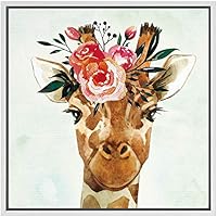 SIGNWIN Framed Canvas Wall Art Nursery Baby Giraffe with Pink, Red Flowers in Green Animals Wildlife Watercolor Impressionism Modern Portrait Fun for Living Room, Bedroom, Office - 16