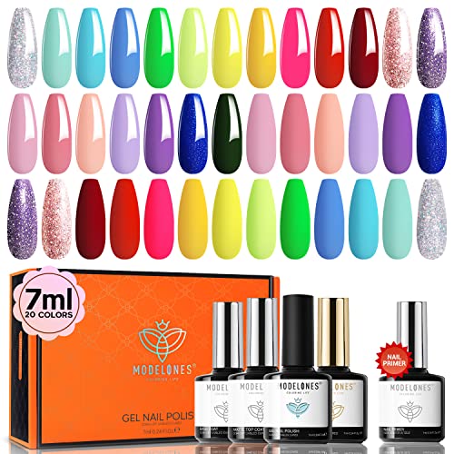 Modelones 24 Pcs Bright Gel Nail Polish Kit 7 ML, 20 Neon Colors Set Spring Hot Pink Green Glitter Colorful with Bond Primer Glossy&Matte Top Base Coat Nail Art Design Manicure Gifts for Women Girls St. Patrick's Day