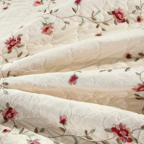 Vctops 3-Piece Elegant Floral Embroidered Bedspread Coverlet Set Oversize Queen 100% Cotton Reversible Patchwork 1 Quilt And 2 Pillow Shams (Flower,Oversize Queen) #TOP5