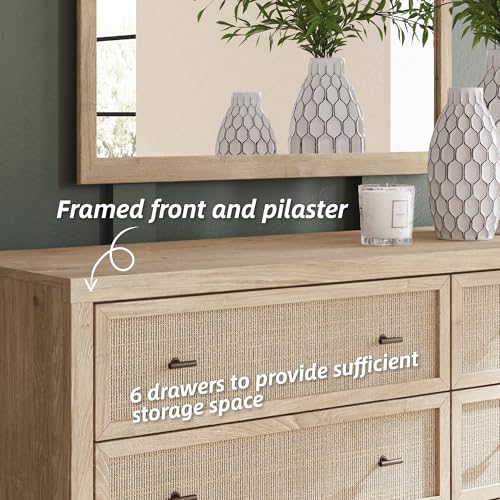 Image of Signature Design by Ashley Cielden 6 Drawer Dresser, Quick 10-Minute Assembly, Textured Cane Details, Coastal Modern Bedroom Storage, Light Brown Two-Tone