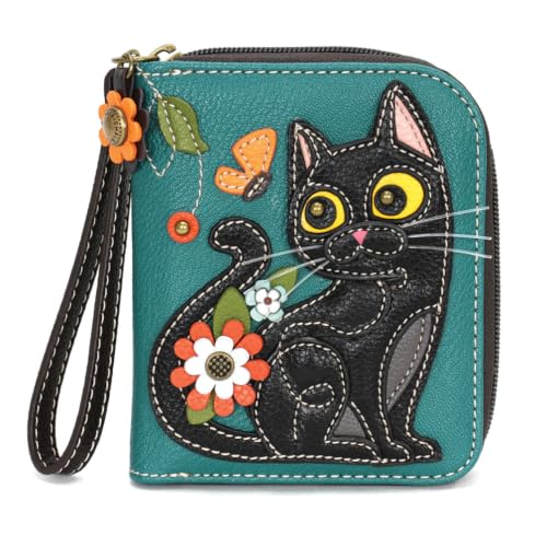 Image of CHALA Zip Around Wallet, Wristlet, 8 Credit Card Slots, Sturdy Pu Leather - Black Cat - turquoise