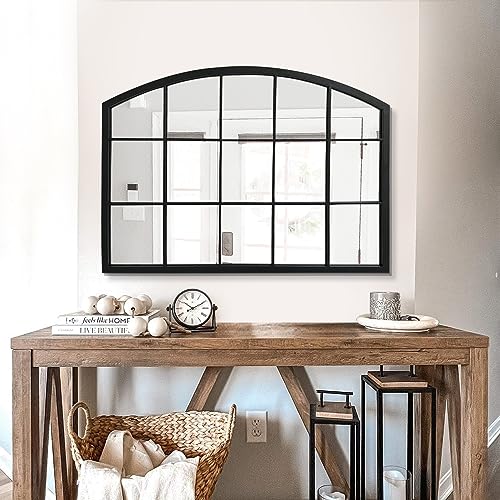 WAMIRRO Wide Window Pane Black MirrorFarmhouse Arched Wall MirrorMantel Mirror for FireplaceEntrywayHallwayLiving Room33X24