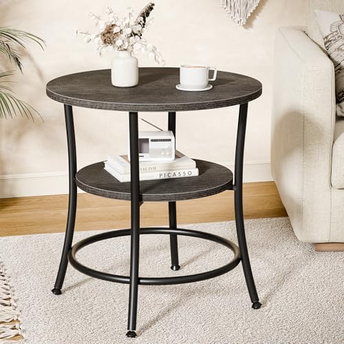 DUMOS Side Round Table for Living Room, 2-Tier Accent End Table with Storage Shelf,Sturdy Metal Frame Nightstand for Small Space, Round Bedside, Grey Wood Grain by DUMOS - Used condition - US$35.30