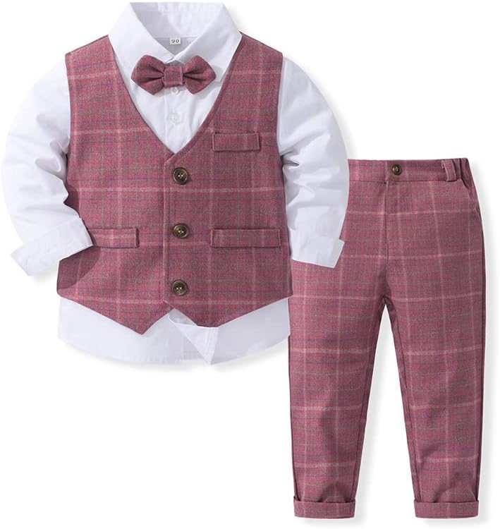 Abolai Baby Boys' 4 Piece Classical Gentleman Set with White Shirt,Bowtie,Plaid Vest and Plaid Pants