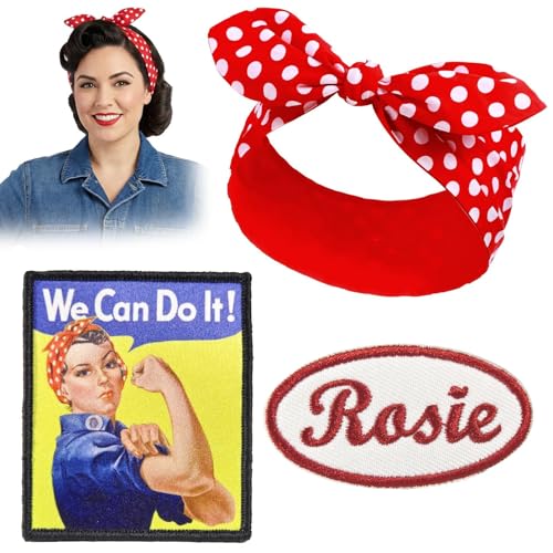 Simple polymer 3 Pcs 1950s Hair Accessories for Women Rosie Name Patch We Can Do It Velcro Rosie the Riveter Headbands Polka Dot Bandana Red