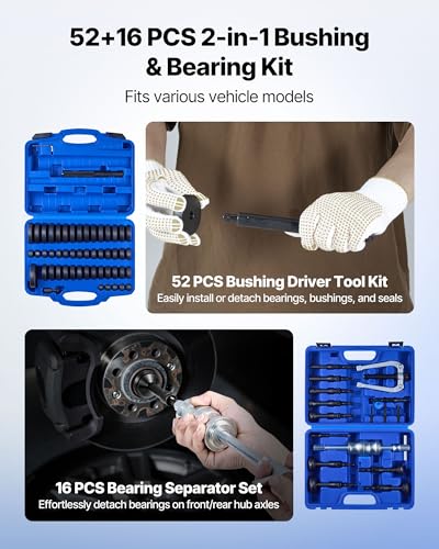 Image of VEVOR 52pcs Custom Bushing Bearing And Seal Driver Set & 16pcs Slide Hammer Puller Set, 2 in 1 Bushing Bearing Driver Press Kit, Heavy Duty Removal Puller Installation Set with 49 Bushings, 10 Collets
